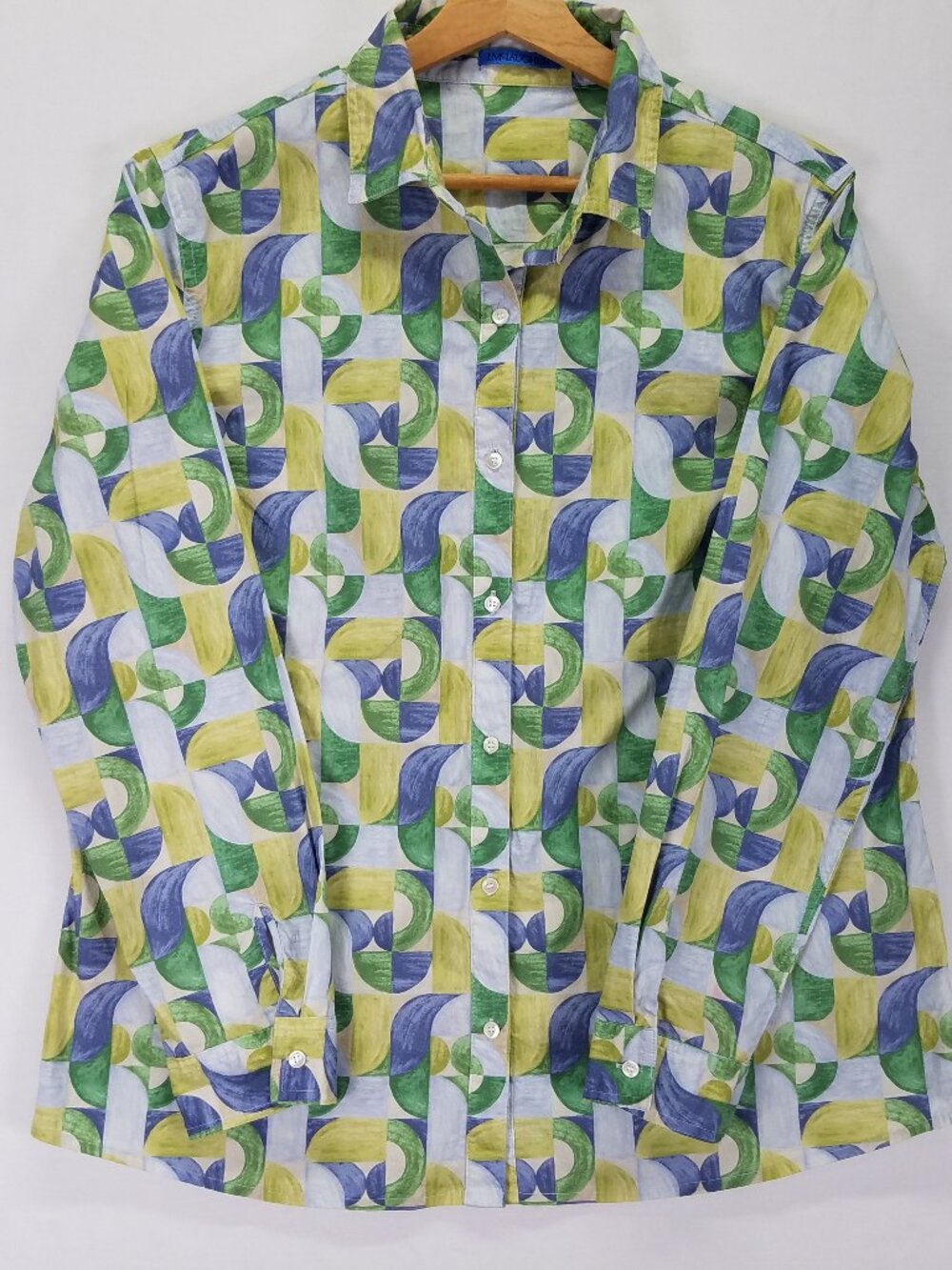 J.McLaughlin Women XL Top Button Down Shirt Blue Green Print Cotton Stretch